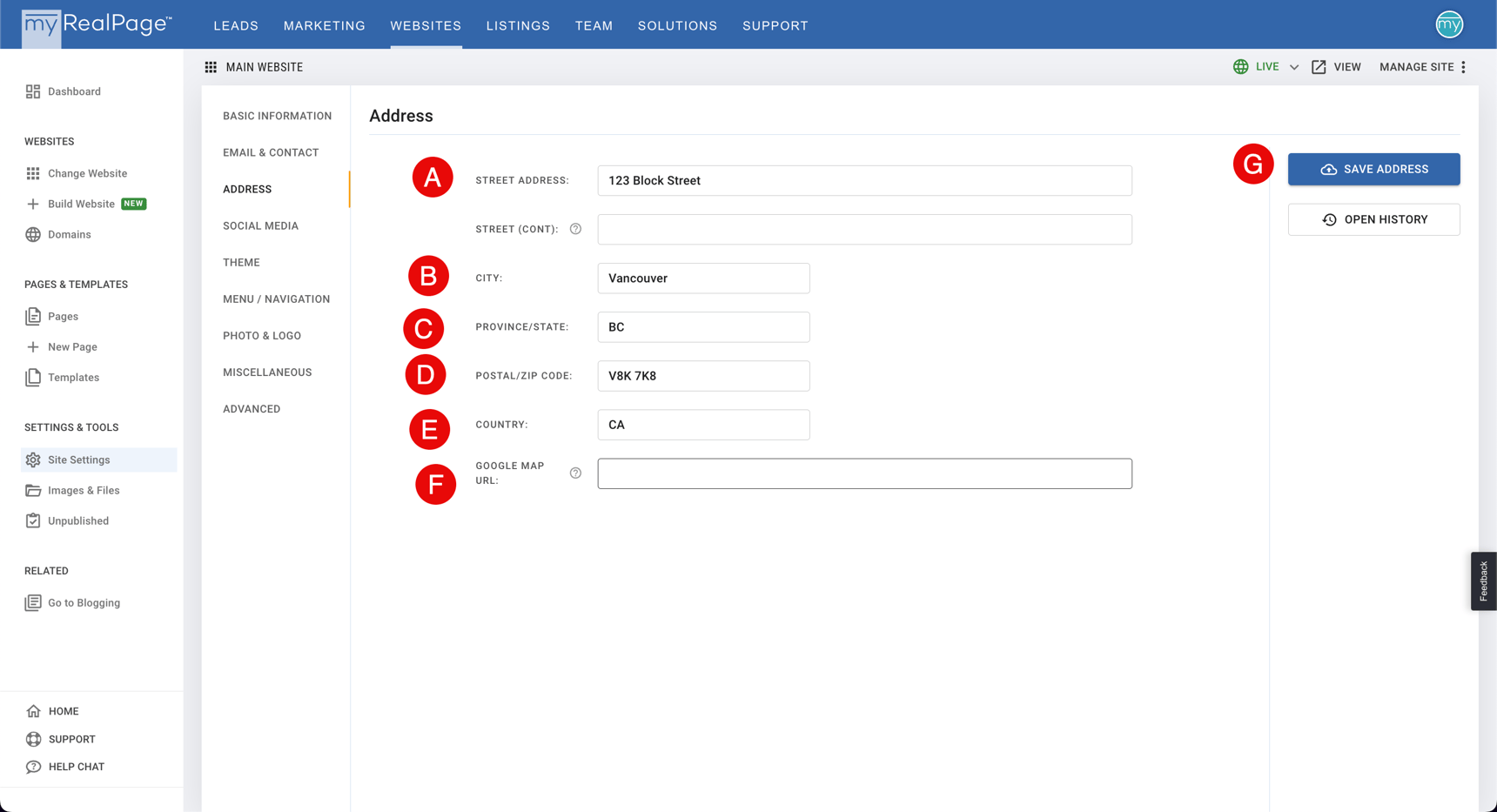 How do I update my contact information on my website?